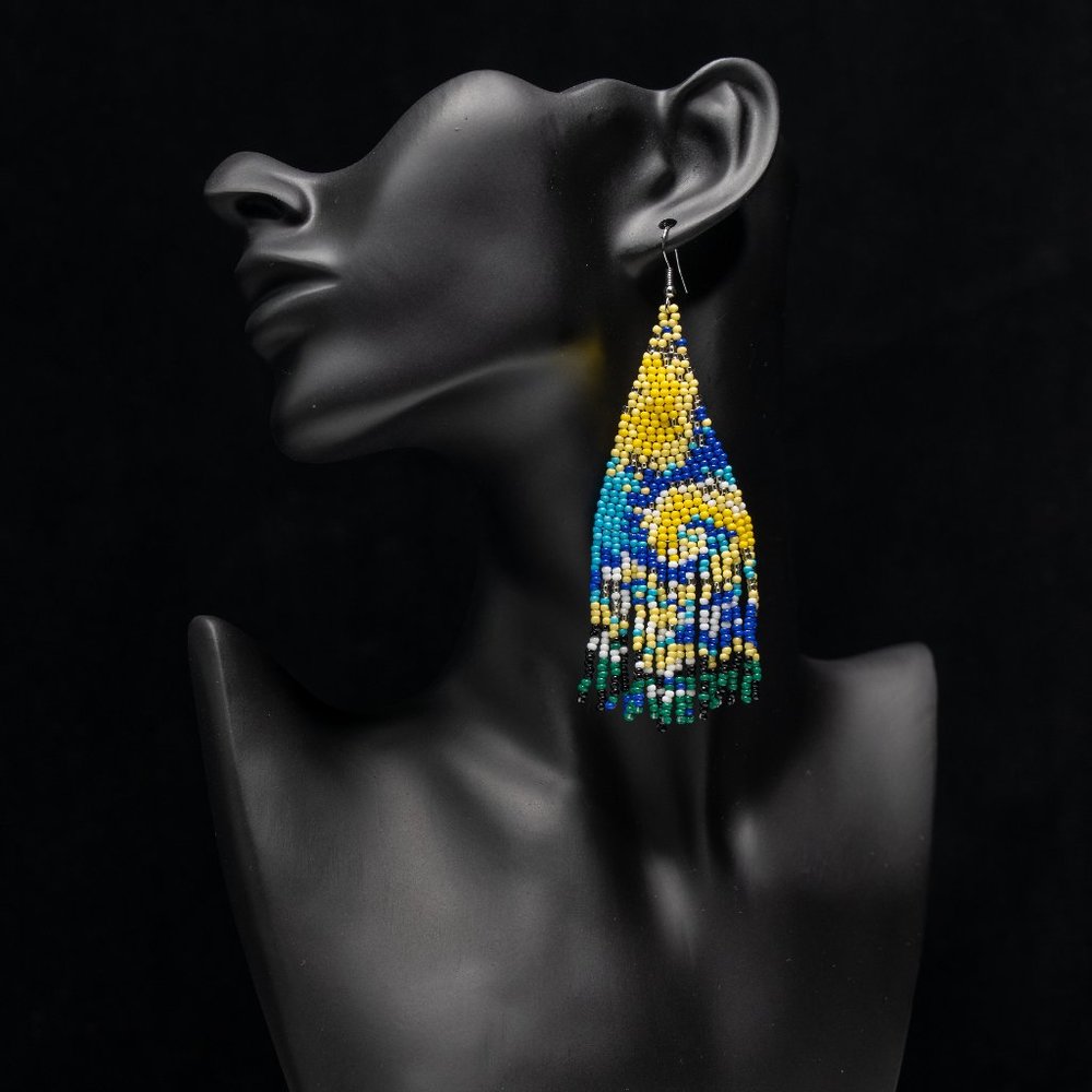 Starry Night Seed Bead Tassel Fringe Loom Woven Earrings